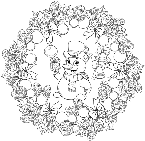 Mandala With Christmas Ornament And Cute Snowman Coloring Page